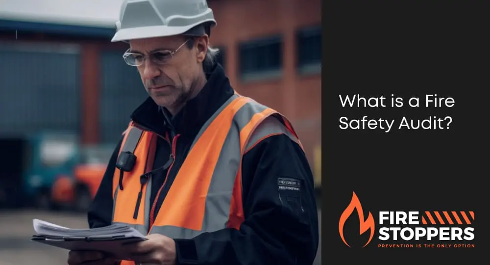 Image of a fire protection specilaist next to the words what is a fire safety audit