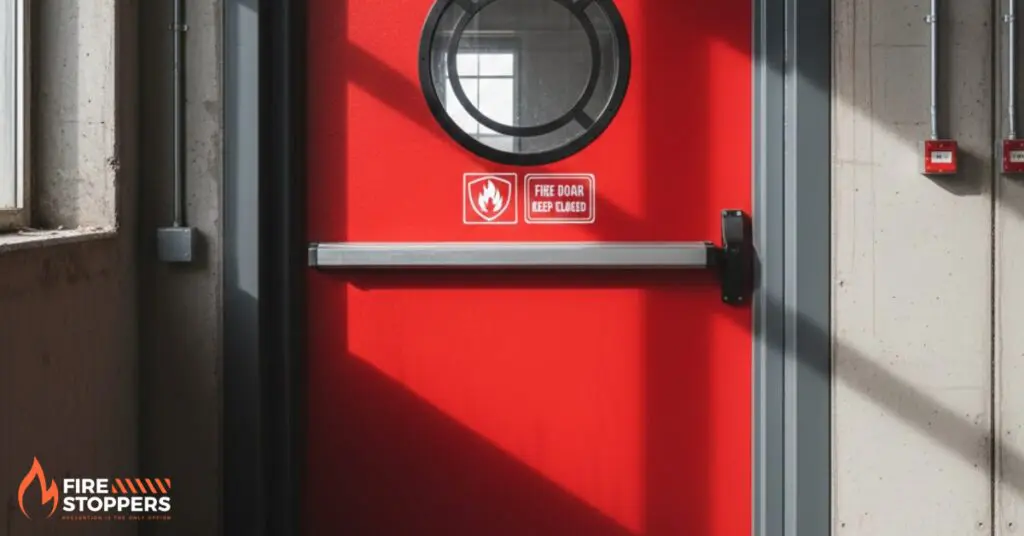 red fire door with the words "fire door keep closed" on the front