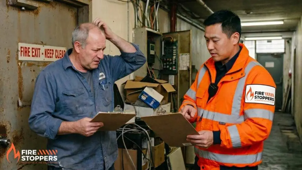 Man scratching his head as he is getting explained why his building has failed a fire safety inspection | What Happens if You Fail a Fire Safety Inspection