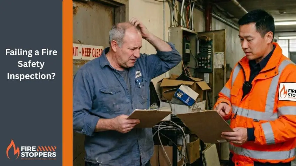 fire inspector explaining to a building owner about a failed fire extinguisher while the owner scratches his head | What Happens if You Fail a Fire Safety Inspection