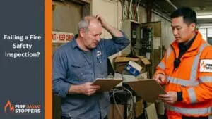 fire inspector explaining to a building owner about a failed fire extinguisher while the owner scratches his head | What Happens if You Fail a Fire Safety Inspection