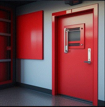 image of a red fire door in the side of a commercial building