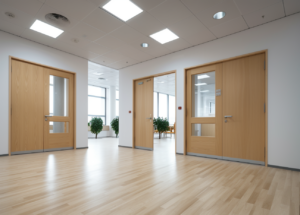image of a commercial space showing 3 different sets of fire doors , all doors are double doors and was taken directly after a recent inspection
