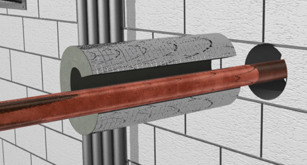 image of a cgi rendering of a insulated fire sleeve encompassing a copper pipe which is fed into a wall