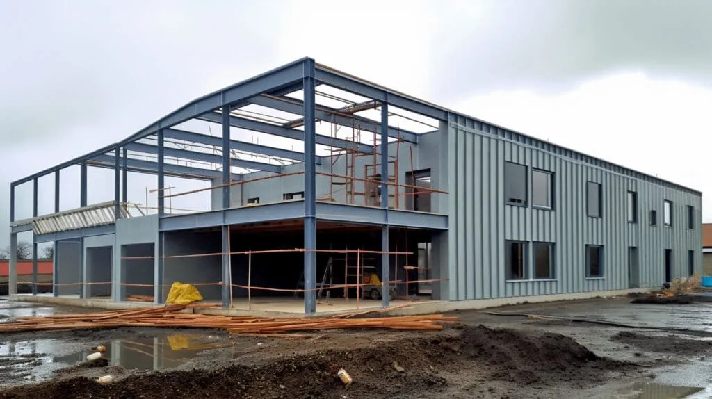 An image of a large industrical warehouse in an open construction lot, there is exposed steel that has been fire protected. Many pylons lay across the floor and building is set on undeveloped land with large mud hills and puddles