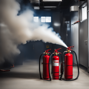 red fire extinguisher spraying inside a commerical structure , image is for the blog post "what is fire suppression?"
