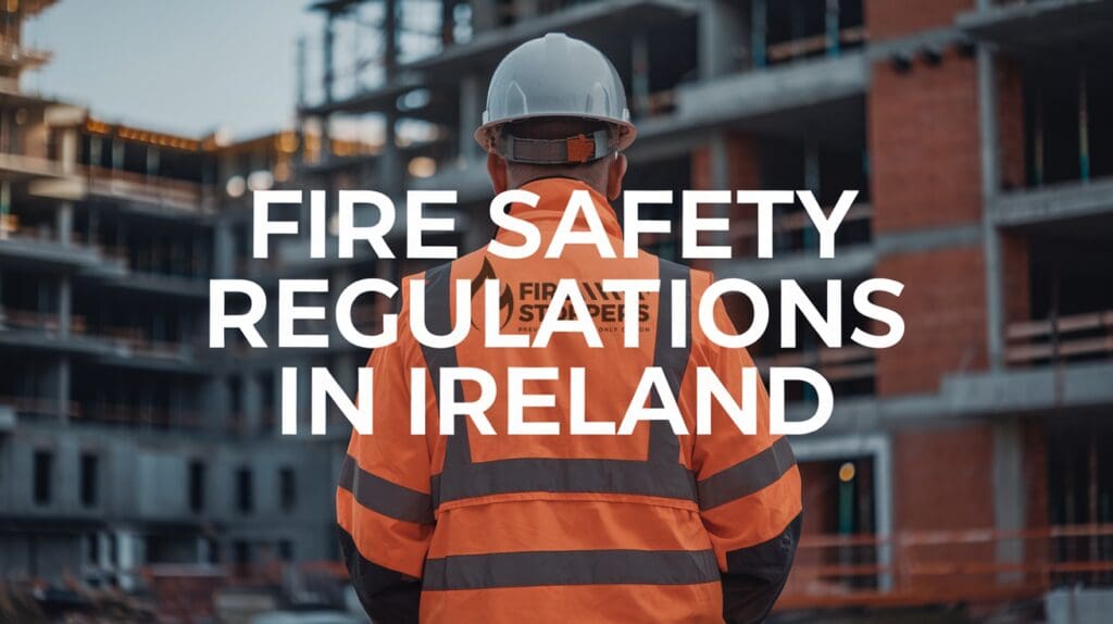 A construction worker wearing orange hi vis and his back to the camera with the text "Fire Safety Regulations in Ireland"