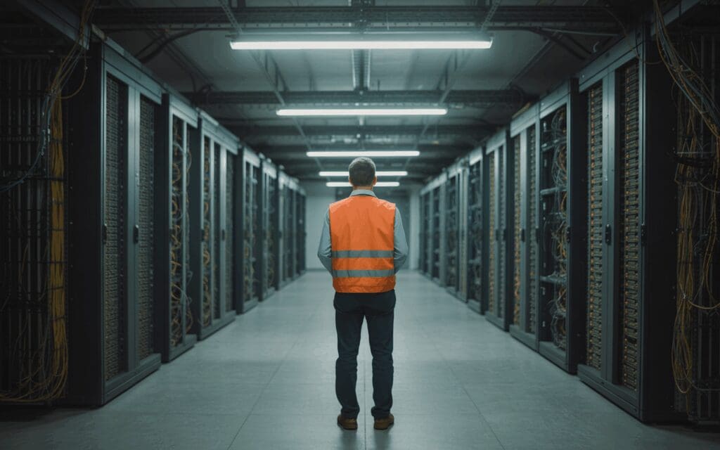 a man looking at passive fire control systems in a data centre