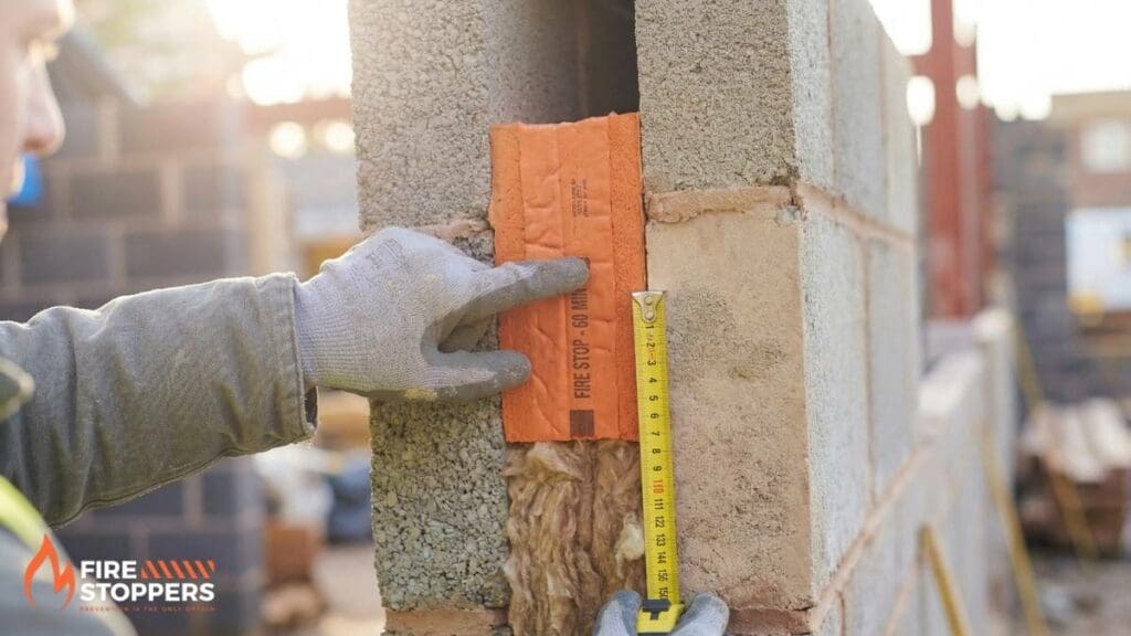 fire safety worker measuring a fire cavity between two cement walls | Fire Stoppers