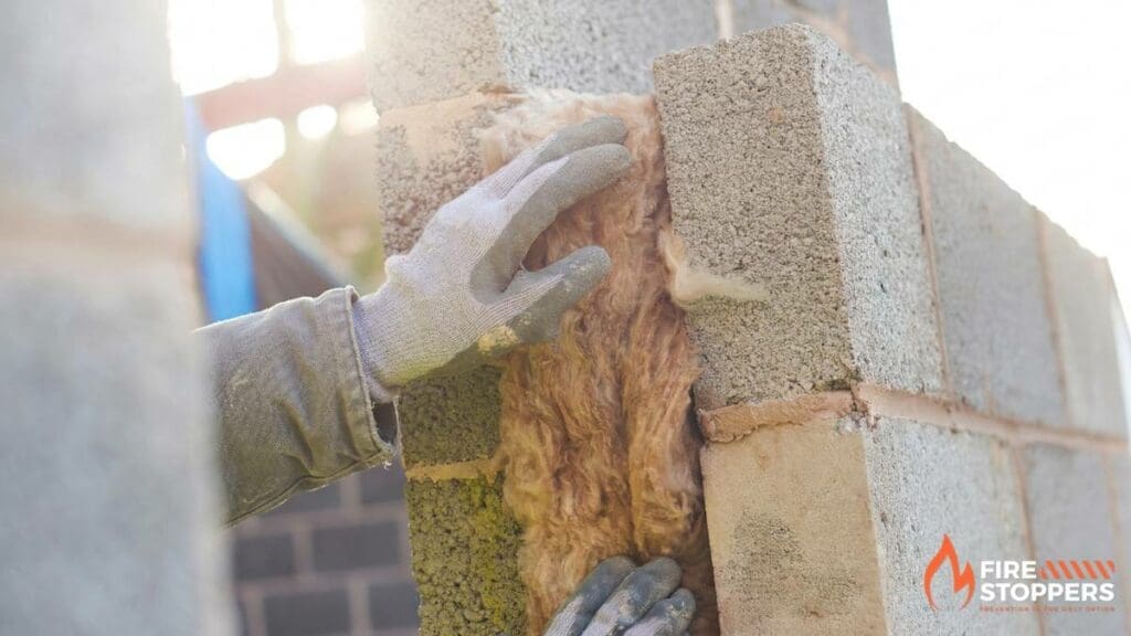 hand of a construction worker installing mineral wool cavity barriers in a wall | Fire Stoppers