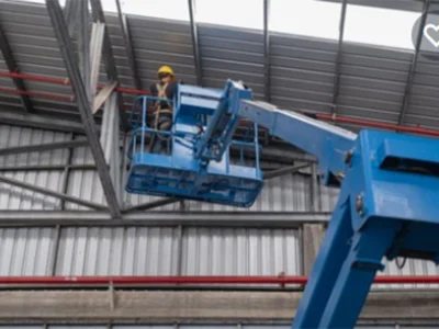 man standing on an elevating platform working on roof fire safety measures | About Us | Firestoppers